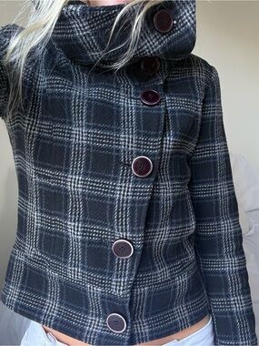 Women's Black & Gray Plaid Button-Up Pea Coat cropped with High Collar